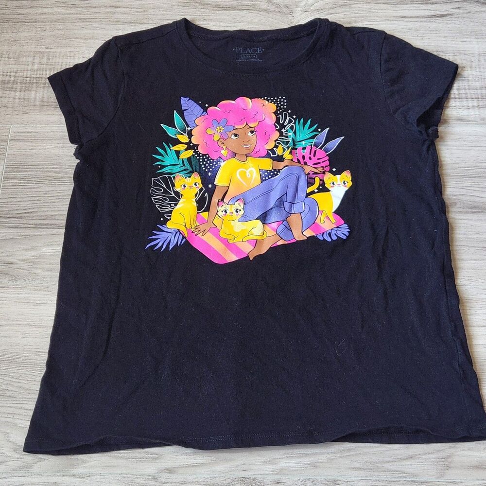 The Children's Place Cat Graphic Tee Girls XL 14 Black Cute Kitty Tropical Shirt